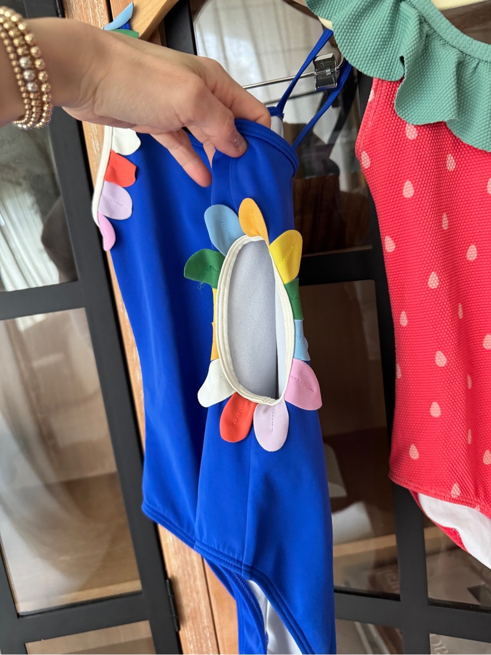 Mini Boden Girls cobalt One Piece Swimsuit rainbow petal appliqué side cutout - Picture 5 of 9